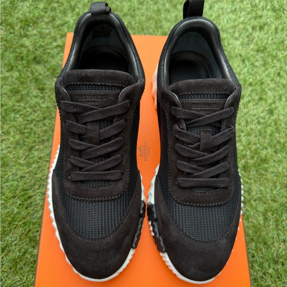 HERMES BOUNCING BLACK MESH/ SUEDE WHITE SOLE TRAINERS FASHION SNEAKERS SIZE 38 - Picture 7 of 11